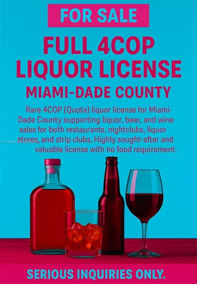 Rare Miami Dade 4COP Liquor License with No Food Requirement